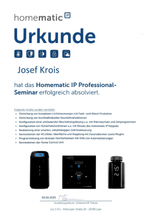 Homematic Urkunde Josef Krois April 2025